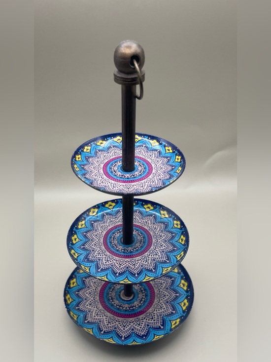 Cost Plus World Market Other - Three-Tier Decorative Stand with Blue Mandala Plates, EUC